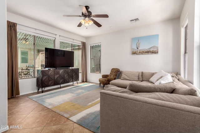 4495 E Woodside Way, Gilbert, AZ 85297 - tiled living area featuring visible vents, a ceiling fan, and baseboards