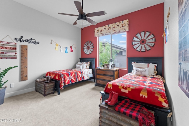 bedroom with baseboards, carpet floors, and ceiling fan