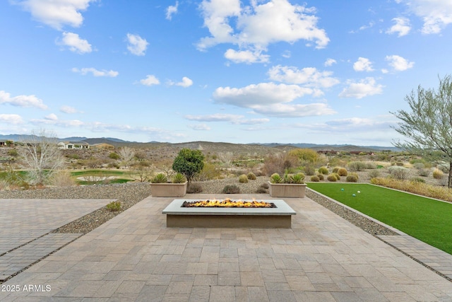 view of patio featuring a mountain view