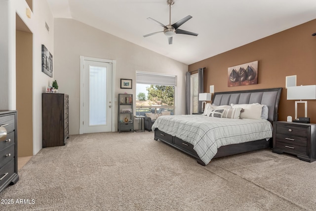 bedroom featuring visible vents, light colored carpet, ceiling fan, and vaulted ceiling