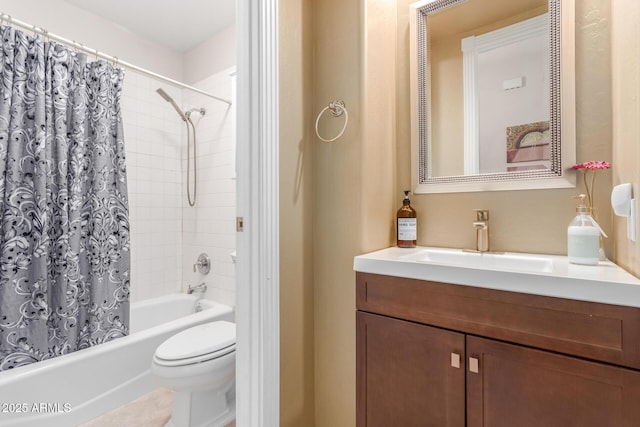 full bathroom with vanity, toilet, and shower / bathtub combination with curtain