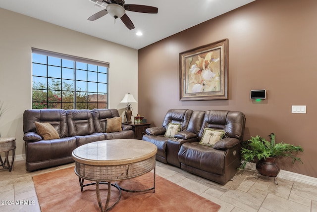 living room with ceiling fan