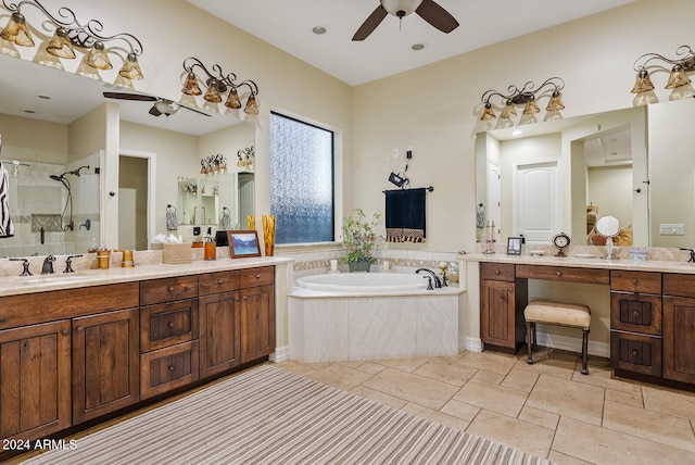 bathroom featuring vanity, separate shower and tub, and ceiling fan