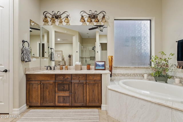 bathroom featuring vanity, ceiling fan, independent shower and bath, and tile patterned flooring