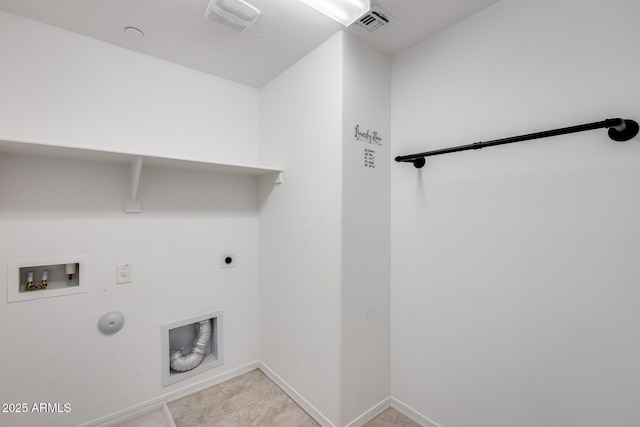 clothes washing area featuring hookup for a washing machine, visible vents, hookup for an electric dryer, laundry area, and hookup for a gas dryer