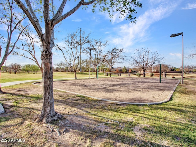 view of community featuring a lawn and volleyball court