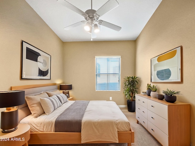 bedroom with light colored carpet and ceiling fan