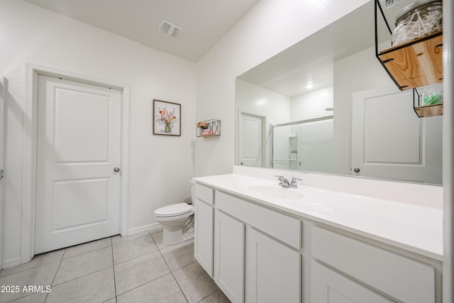 5721 W Coplen Farms Rd, Laveen, AZ 85339 - full bathroom with toilet, vanity, a shower with door, tile patterned floors, and baseboards