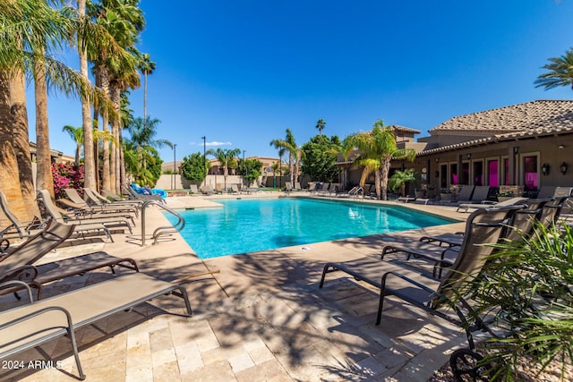 view of swimming pool featuring a patio