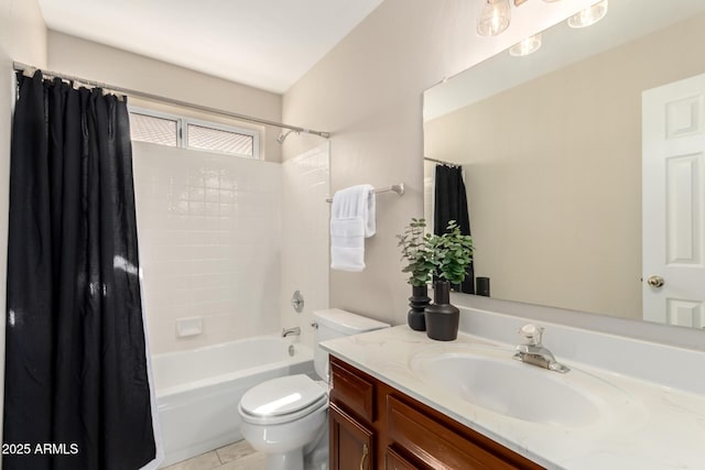 bathroom featuring toilet, vanity, shower / bath combo, and tile patterned floors