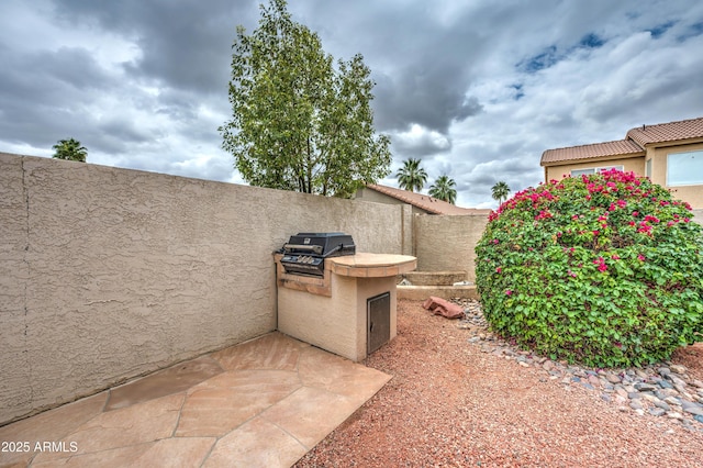 view of patio / terrace with exterior kitchen, grilling area, and fence