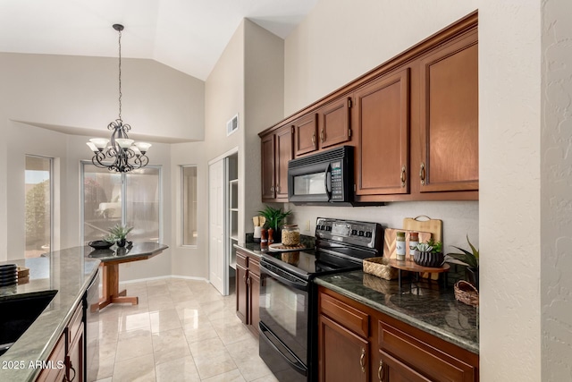 kitchen with black appliances, a chandelier, dark stone countertops, decorative light fixtures, and high vaulted ceiling
