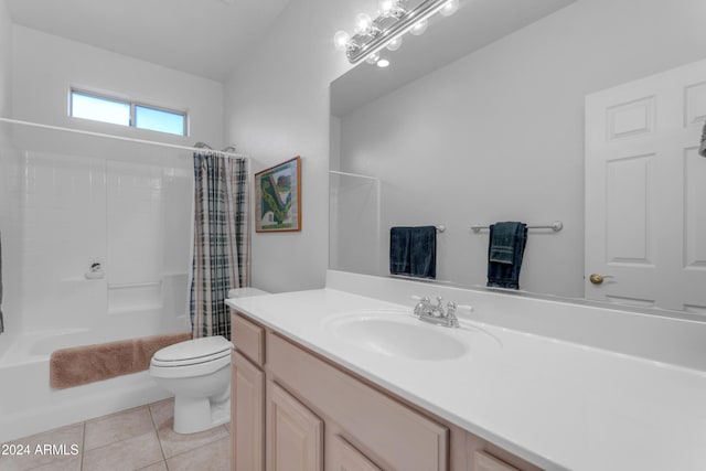 full bathroom with tile patterned flooring, vanity, toilet, and shower / bathtub combination with curtain