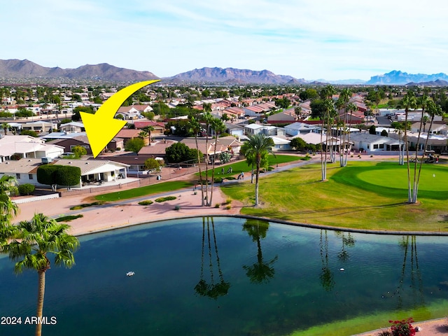 bird's eye view featuring a water and mountain view