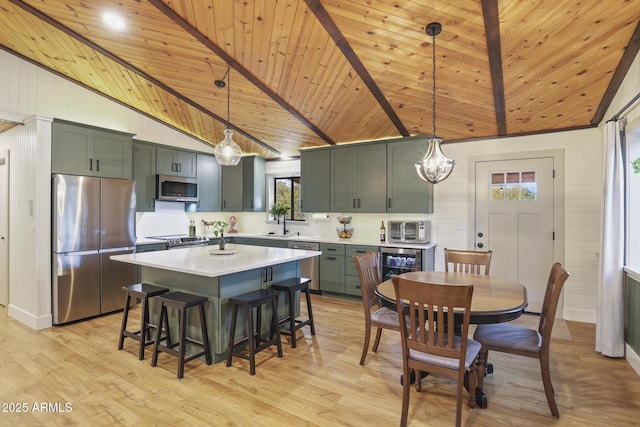kitchen featuring appliances with stainless steel finishes, wood ceiling, light countertops, light wood finished floors, and a kitchen breakfast bar