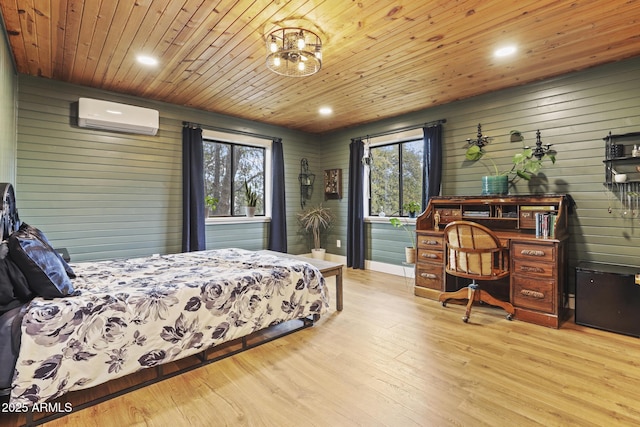 bedroom with a wall mounted AC, wood finished floors, multiple windows, recessed lighting, and wood ceiling