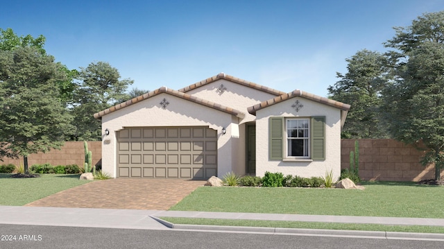 mediterranean / spanish home featuring a front lawn and a garage