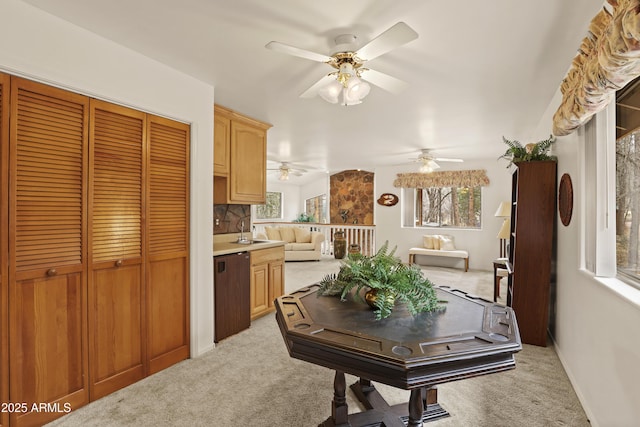 interior space with a wealth of natural light, light carpet, a sink, and dishwashing machine