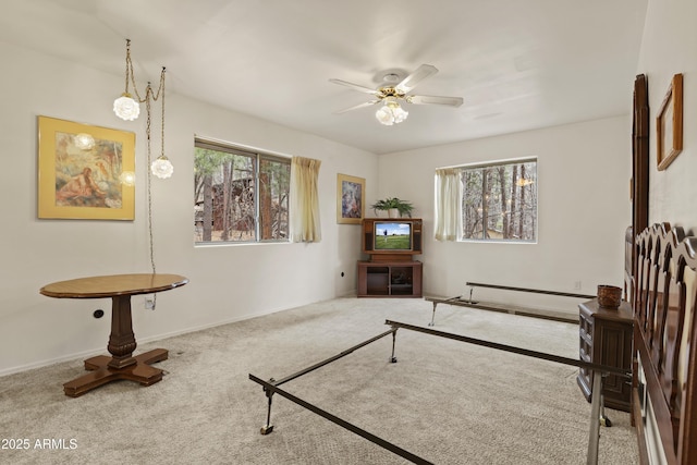 living area featuring carpet flooring, a wealth of natural light, and a ceiling fan