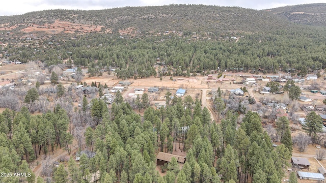 birds eye view of property featuring a wooded view and a mountain view