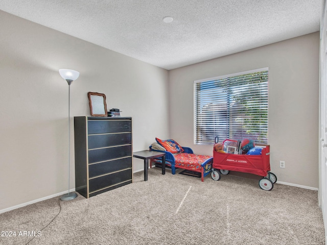 carpeted bedroom with a textured ceiling