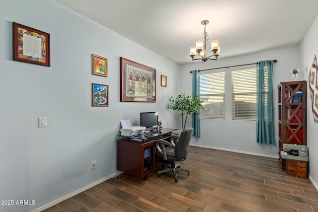 5218 W Lydia Ln, Laveen, AZ 85339 - office space with baseboards, an inviting chandelier, and wood finish floors