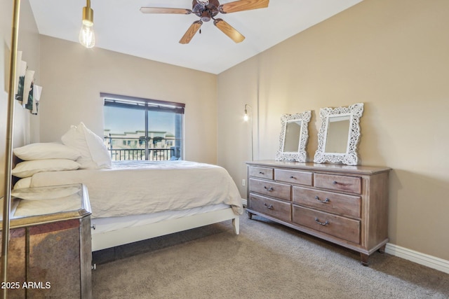 bedroom with ceiling fan and carpet flooring