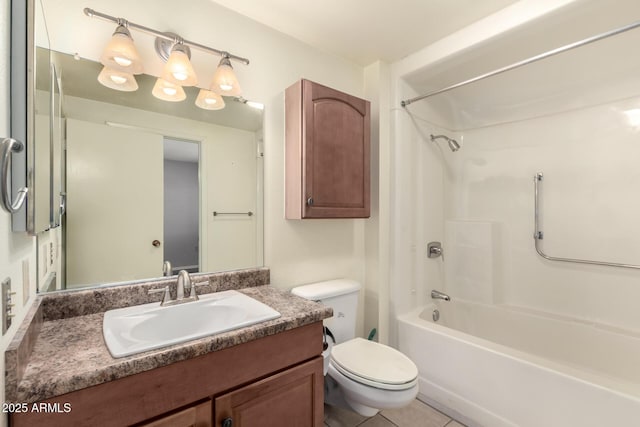 full bathroom with toilet, vanity, shower / bathtub combination, and tile patterned flooring