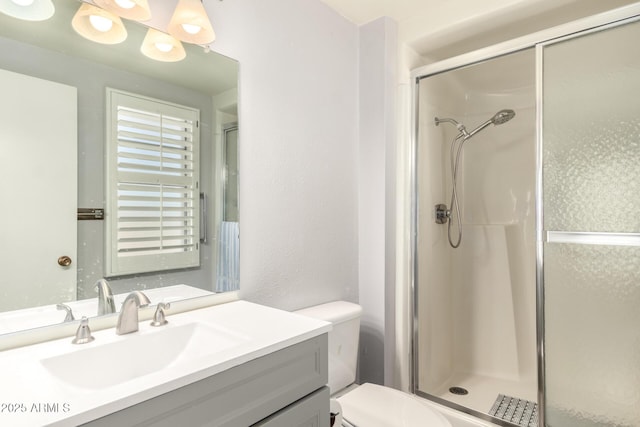 full bath featuring toilet, vanity, and a shower stall