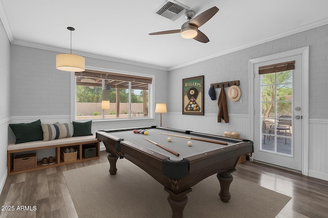 1749 W Monterosa St, Phoenix, AZ 85015 - recreation room with ornamental molding, healthy amount of natural light, wood finished floors, billiards, and a wainscoted wall