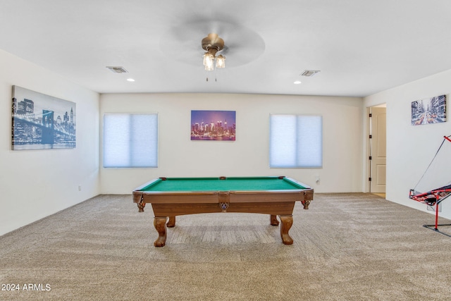 rec room with carpet, a wealth of natural light, and ceiling fan