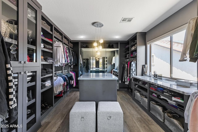 spacious closet featuring visible vents and dark wood finished floors