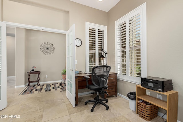 home office featuring french doors and baseboards