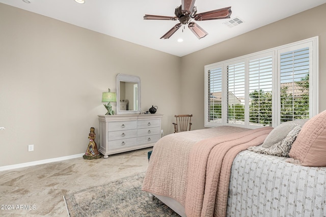 bedroom featuring a ceiling fan, recessed lighting, visible vents, and baseboards