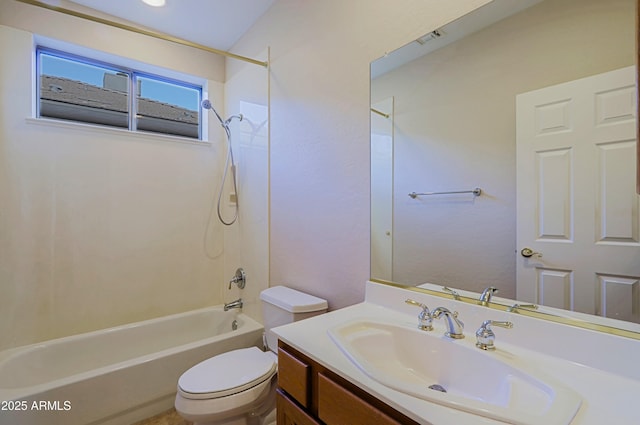 full bathroom with vanity, bathtub / shower combination, and toilet