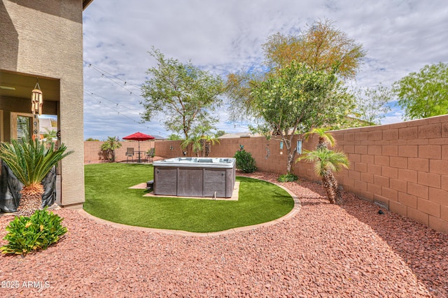 view of yard featuring a fenced backyard, a patio, and a pool