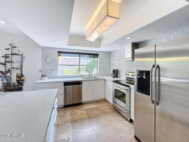 kitchen with sink, stainless steel appliances, white cabinets, a raised ceiling, and wall chimney exhaust hood