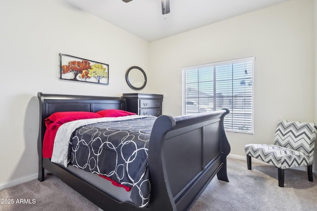 bedroom with carpet floors, baseboards, and ceiling fan