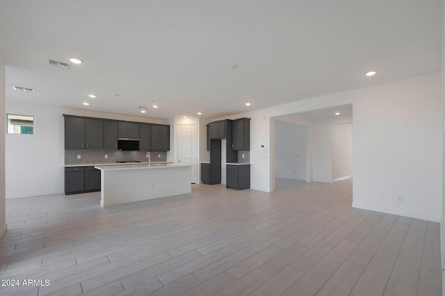 kitchen featuring a center island with sink, light wood-type flooring, and sink