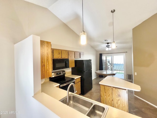 kitchen with vaulted ceiling, black appliances, hanging light fixtures, kitchen peninsula, and sink