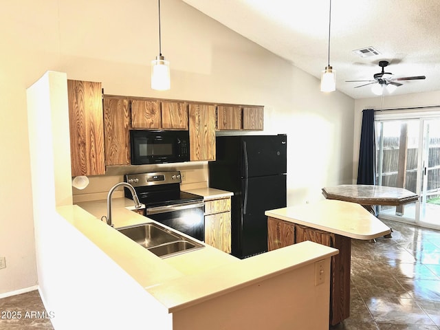 kitchen with kitchen peninsula, decorative light fixtures, black appliances, ceiling fan, and sink