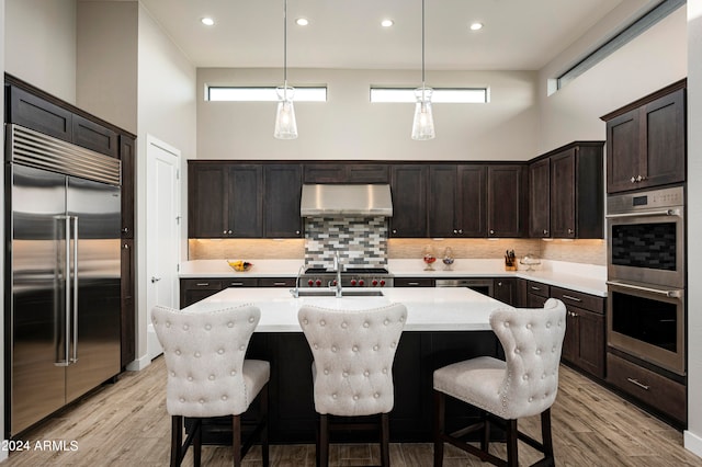 kitchen featuring ventilation hood, an island with sink, appliances with stainless steel finishes, and plenty of natural light