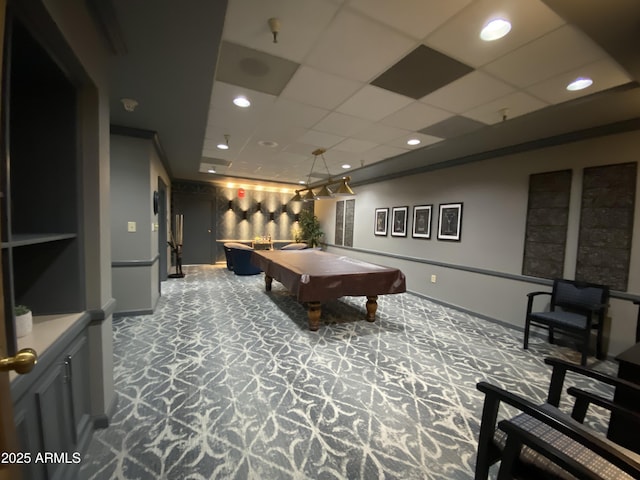 recreation room featuring billiards, carpet floors, and a drop ceiling