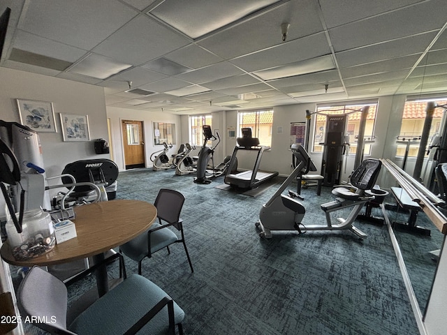 gym featuring carpet and a paneled ceiling