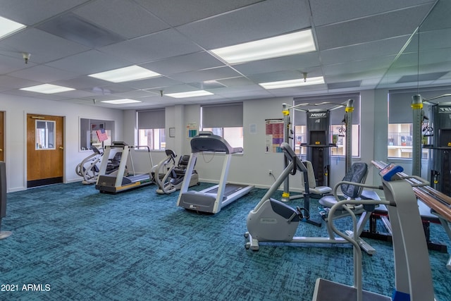 workout area with carpet floors and a paneled ceiling