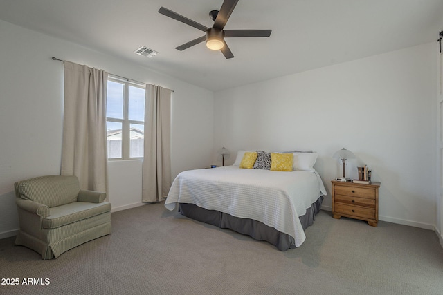 bedroom featuring visible vents, ceiling fan, light carpet, and baseboards