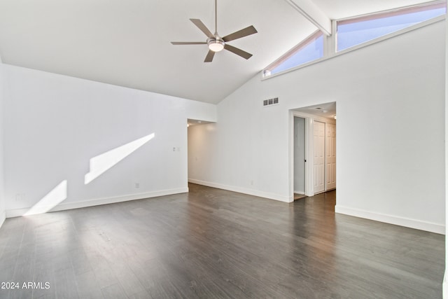 unfurnished room with ceiling fan, dark hardwood / wood-style flooring, high vaulted ceiling, and beamed ceiling