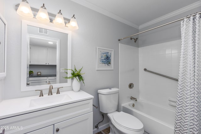 full bathroom featuring shower / tub combo, vanity, crown molding, and toilet