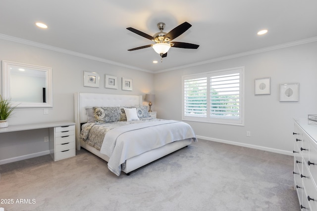 bedroom featuring light carpet, crown molding, and ceiling fan