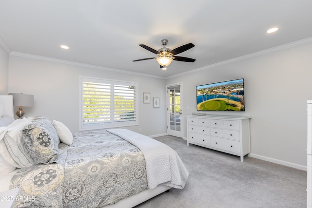 bedroom featuring crown molding, light colored carpet, ceiling fan, and access to outside